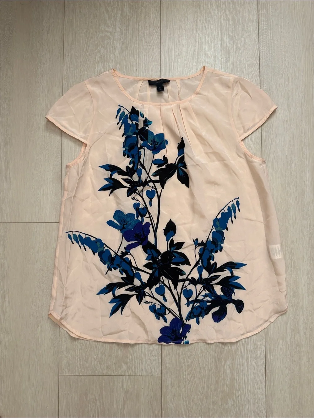 J. Crew 100% Silk Peach Short-Sleeve Blouse with Blue Floral Print